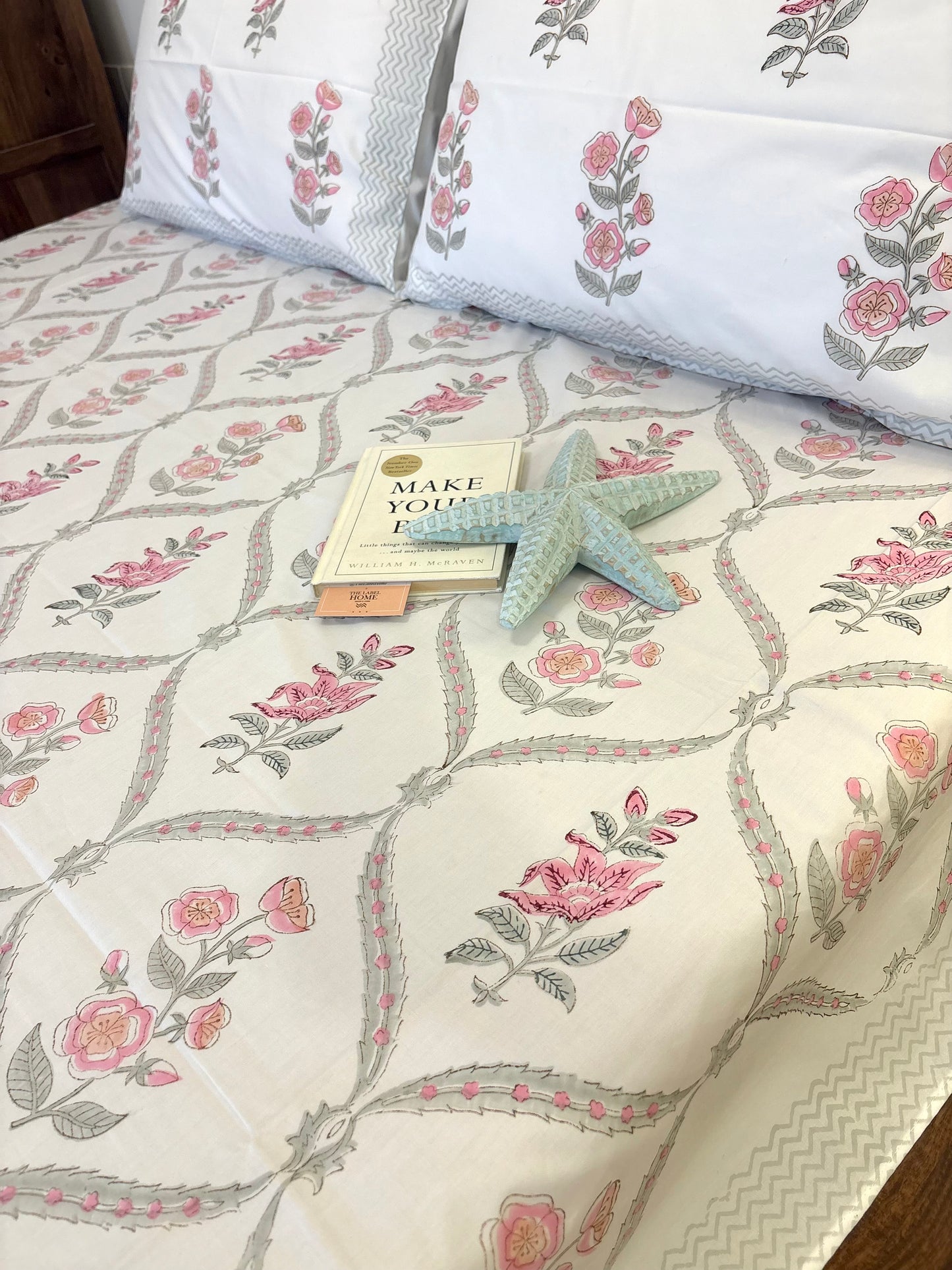 Soft Pink and White Percale Cotton Bedsheet - India