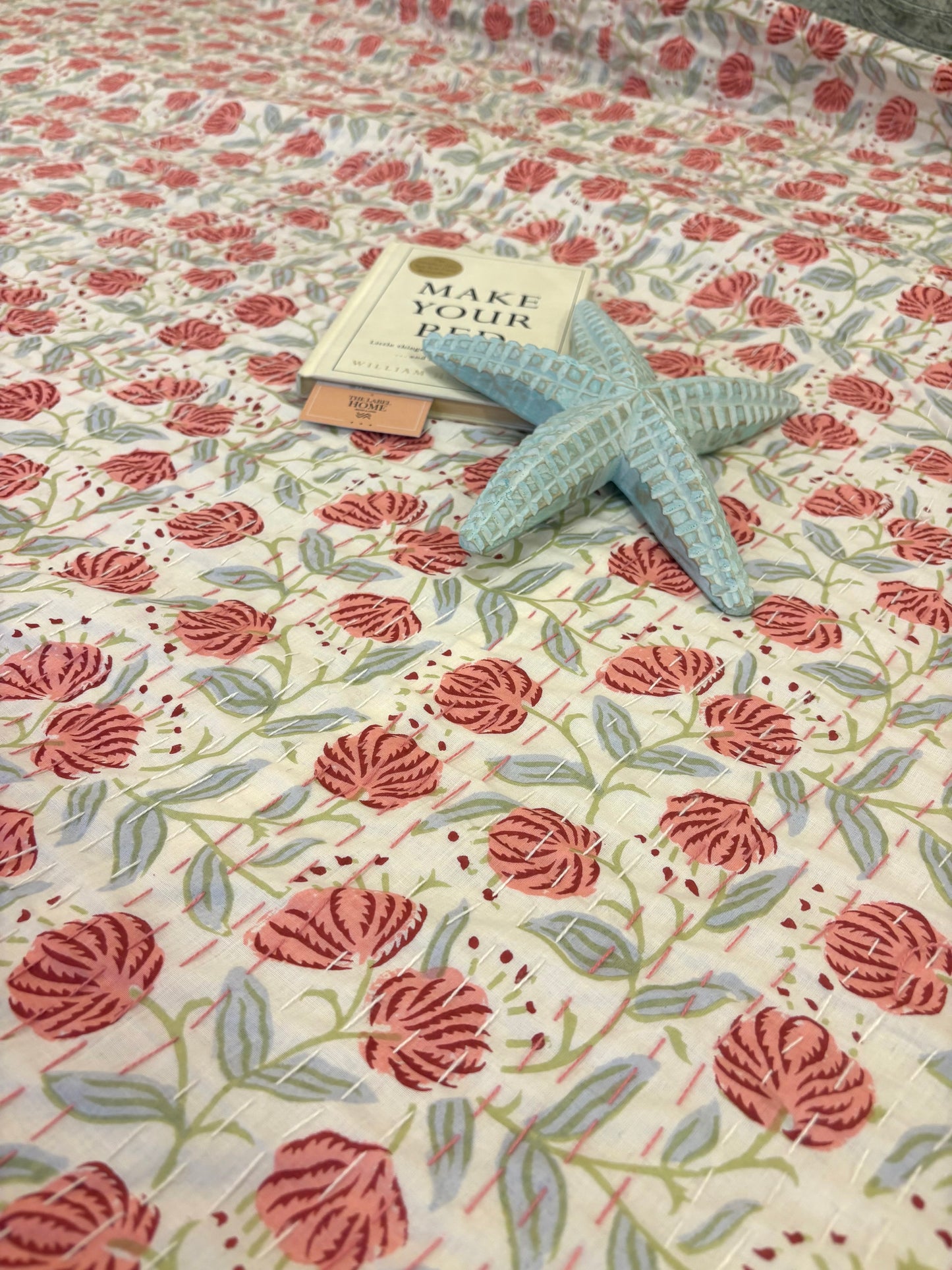 White Peach Floral Kantha Bedcover