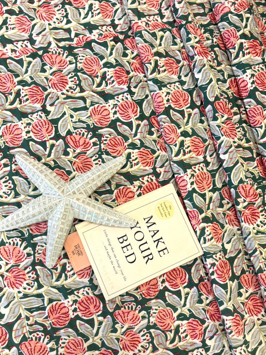 Deep Olive Green Peach Floral Kantha Bedcover