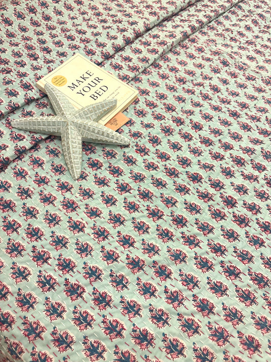 Mint Aqua Motif Kantha Bedcover
