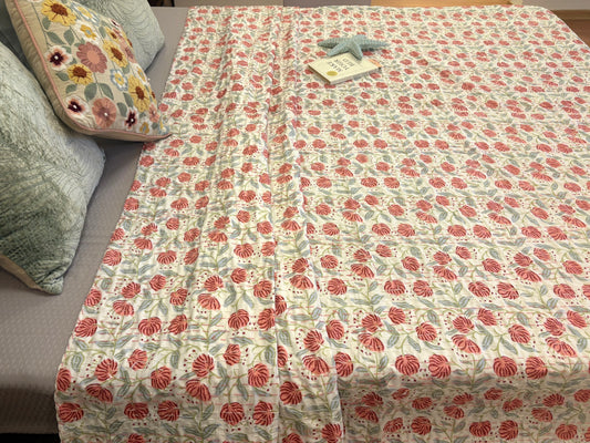 White Peach Floral Kantha Bedcover