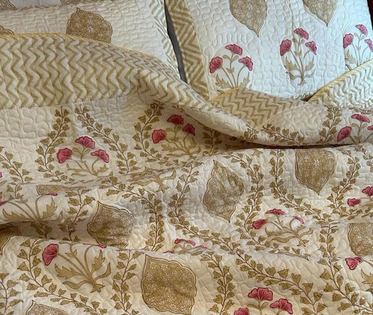 Cherish Light Cotton Muslin Block Printed Quilt - Double Size 90x108 inches-The Label Home