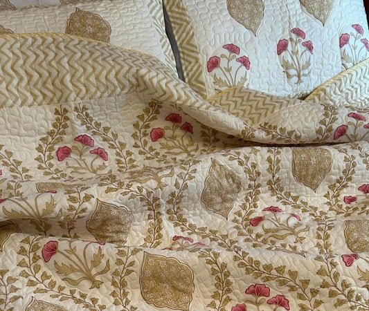 Cherish Light Cotton Muslin Block Printed Quilt - Double Size 90x108 inches