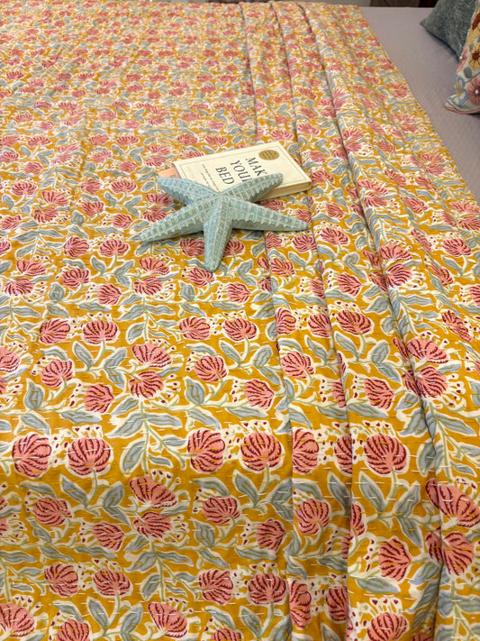 Sunlit Yellow Orange Peach Floral Kantha Bedcover