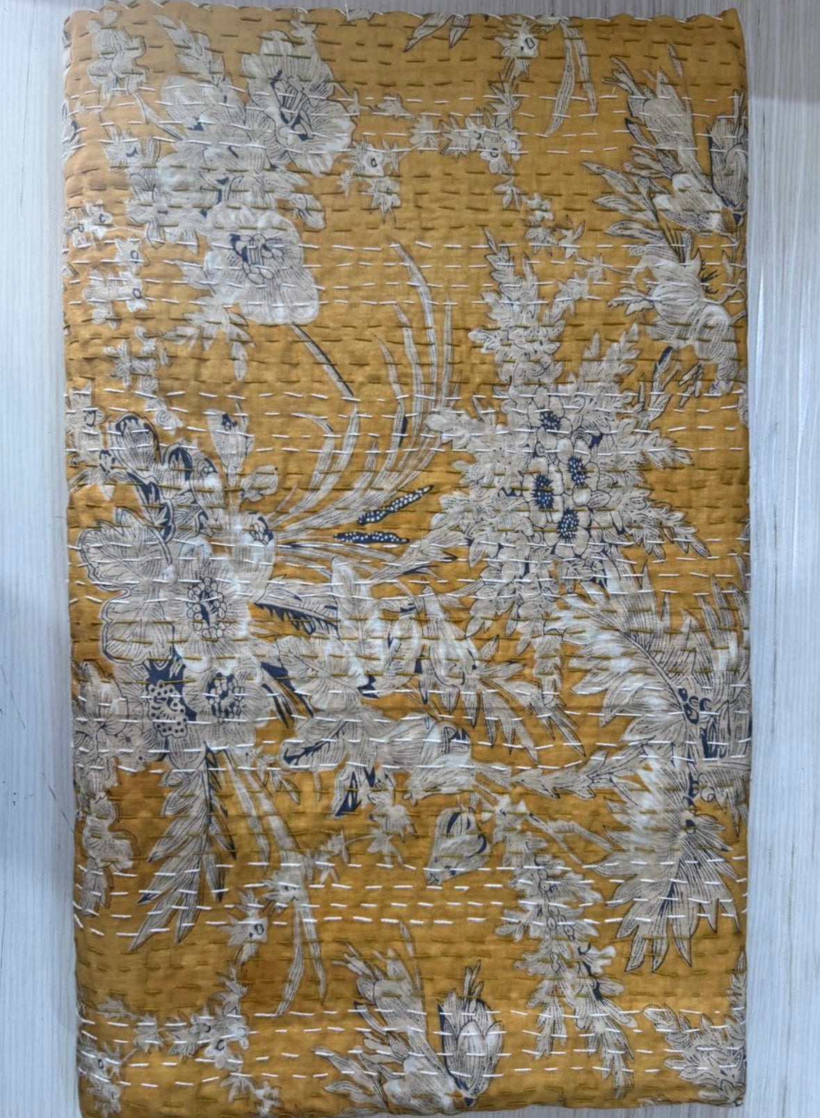 Mustard Red Grey Blue Kantha Bedcover-The Label Home