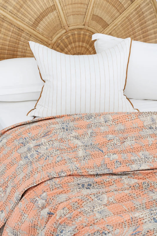 Soft Handmade Cotton Kantha Bedcover - Luxury Soft Peach