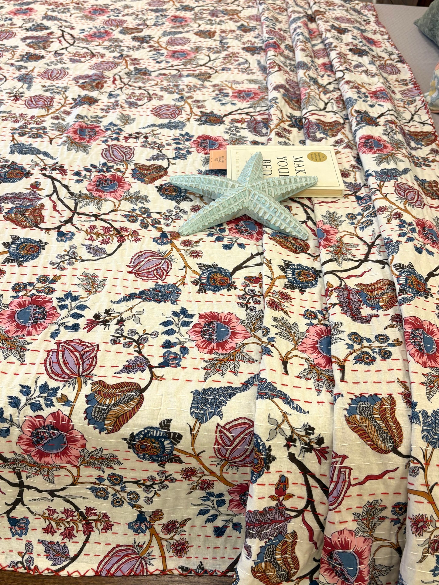 White Floral Braid Kantha Bedcover