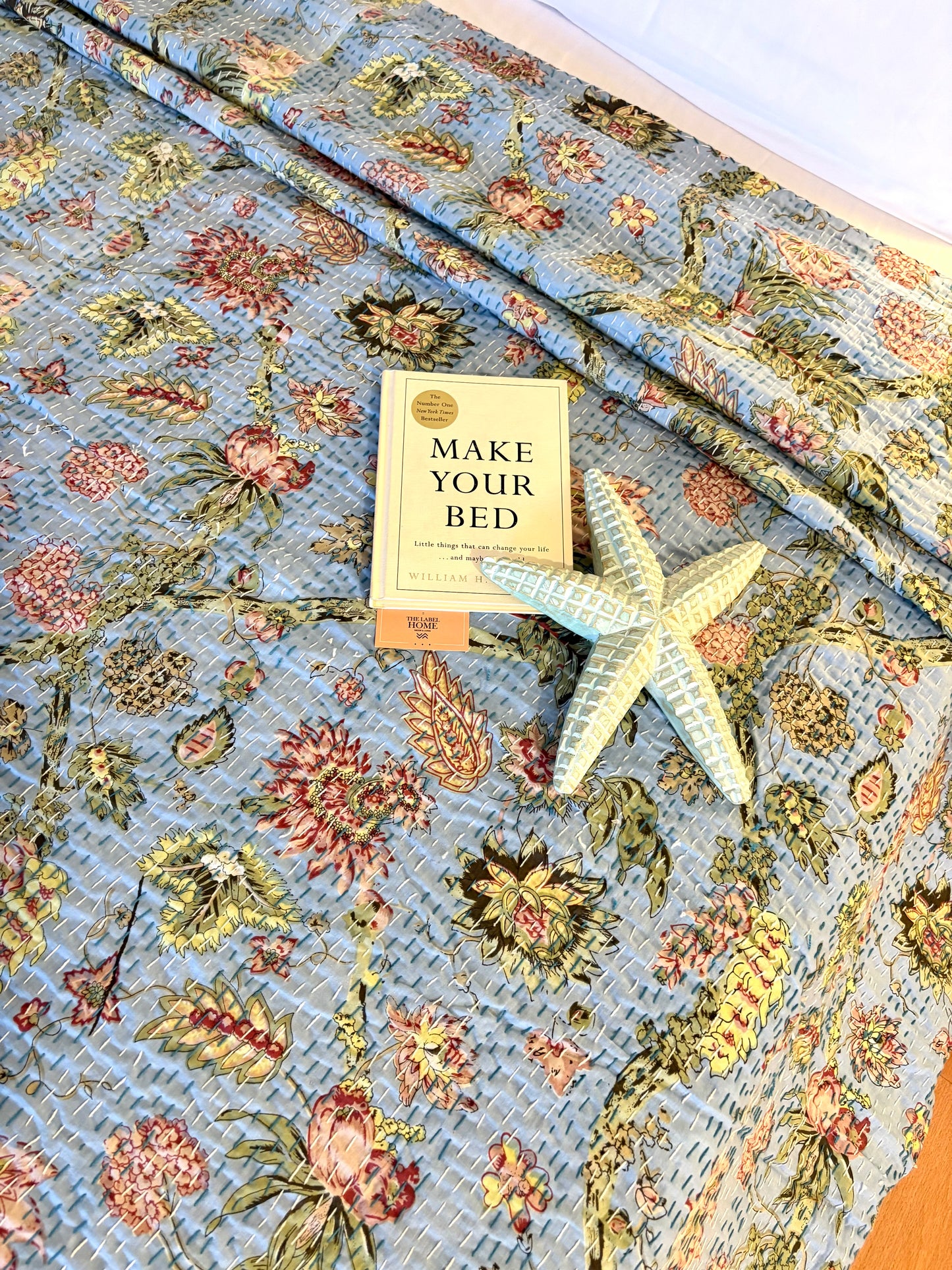 Charming Blue Floral Kantha Bedcover