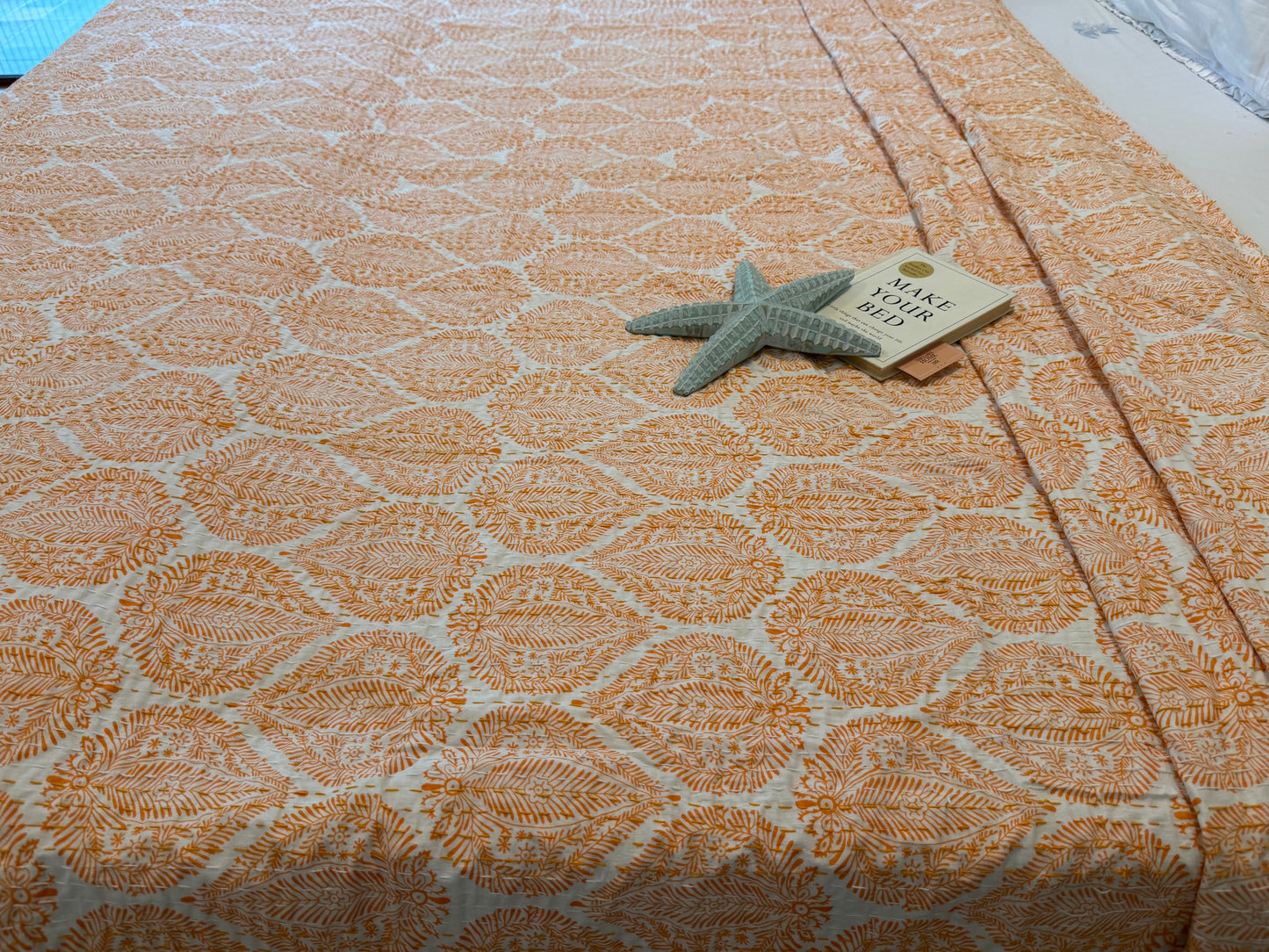 Orange White Motif Kantha Bedcover