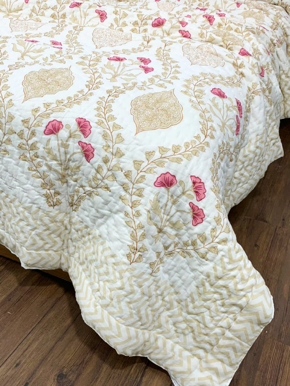 Cherish Light Cotton Muslin Block Printed Quilt - Double Size 90x108 inches-The Label Home