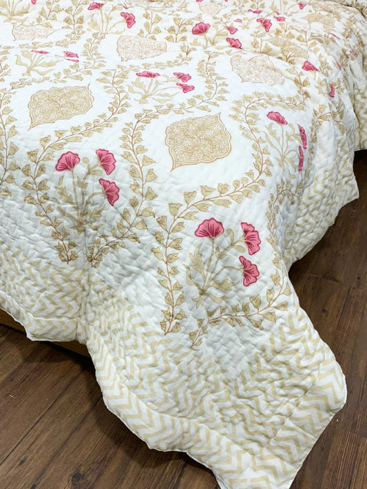 Cherish Light Cotton Muslin Block Printed Quilt - Double Size 90x108 inches-The Label Home