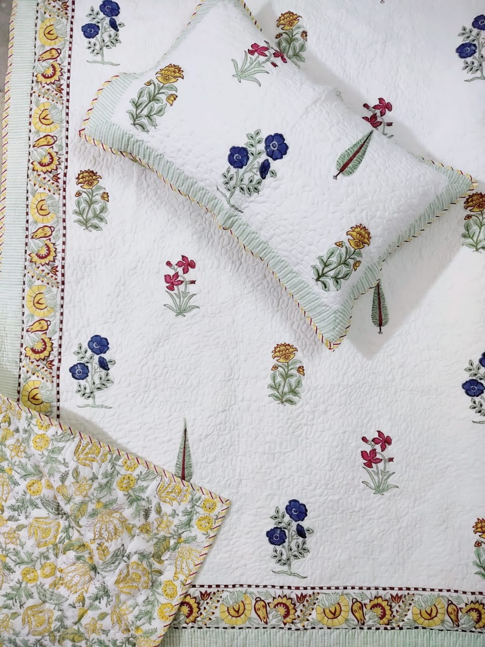 Soft Reversible Cotton Voile Quilted Bedcover - Block Print
