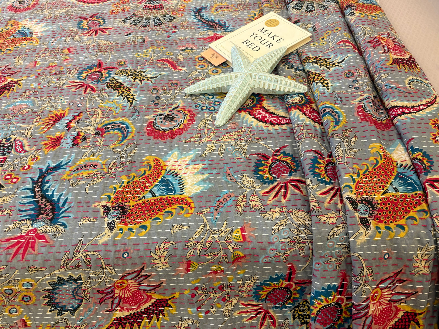 Luxury Grey Floral Kantha Bedcover