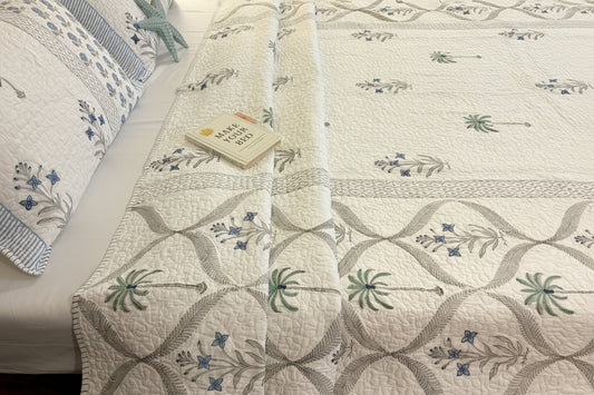 Blue Palm Whisper Quilted Bedcover
