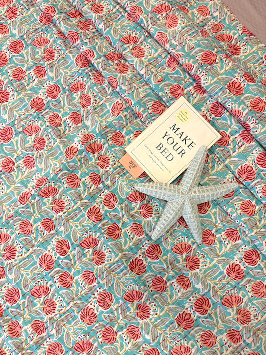 Sea Green Peach Floral Kantha Bedcover