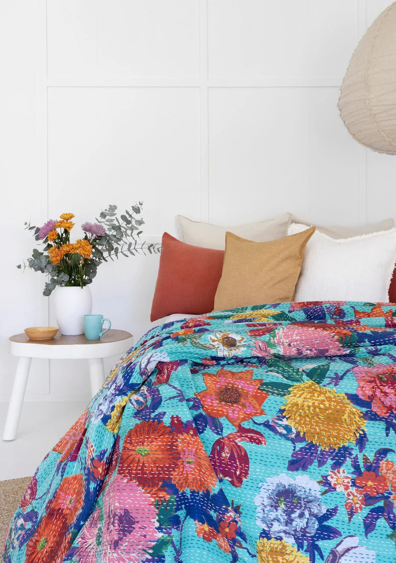 Stunning Floral Bloom Kantha Bedcover-The Label Home