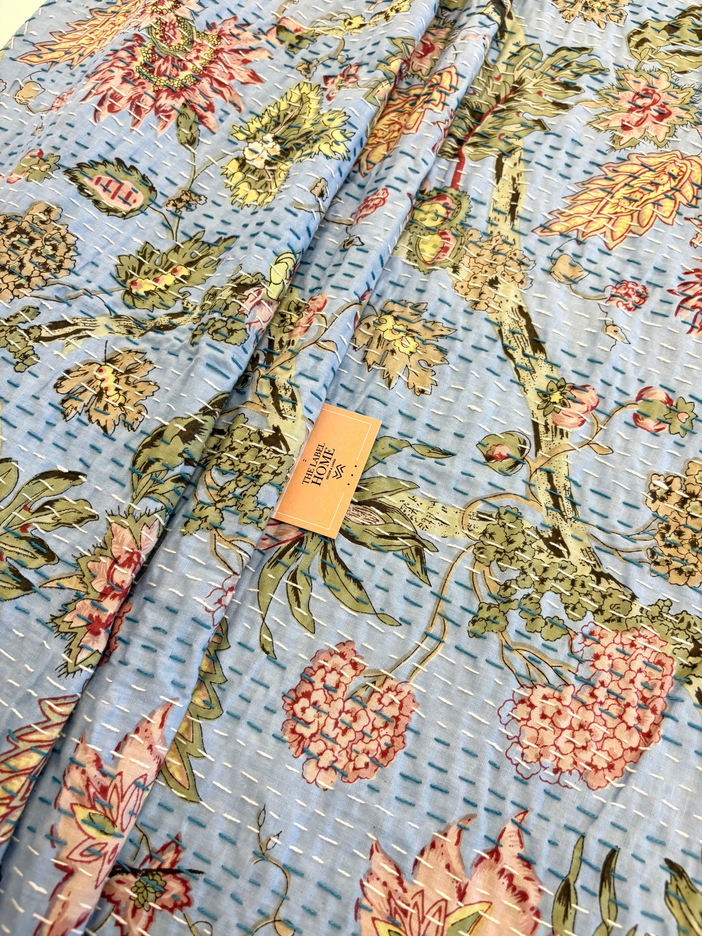 Charming Blue Floral Kantha Bedcover