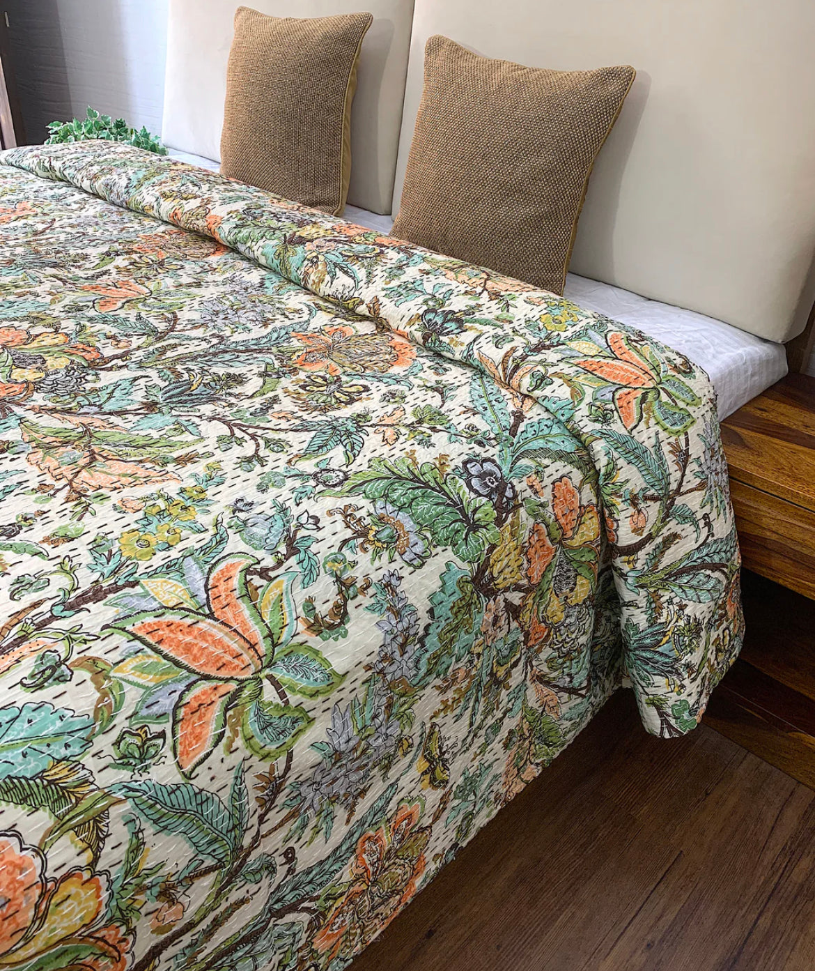 Crystal Bloom Home Kantha Stitch Cotton Bed Cover Bedspread