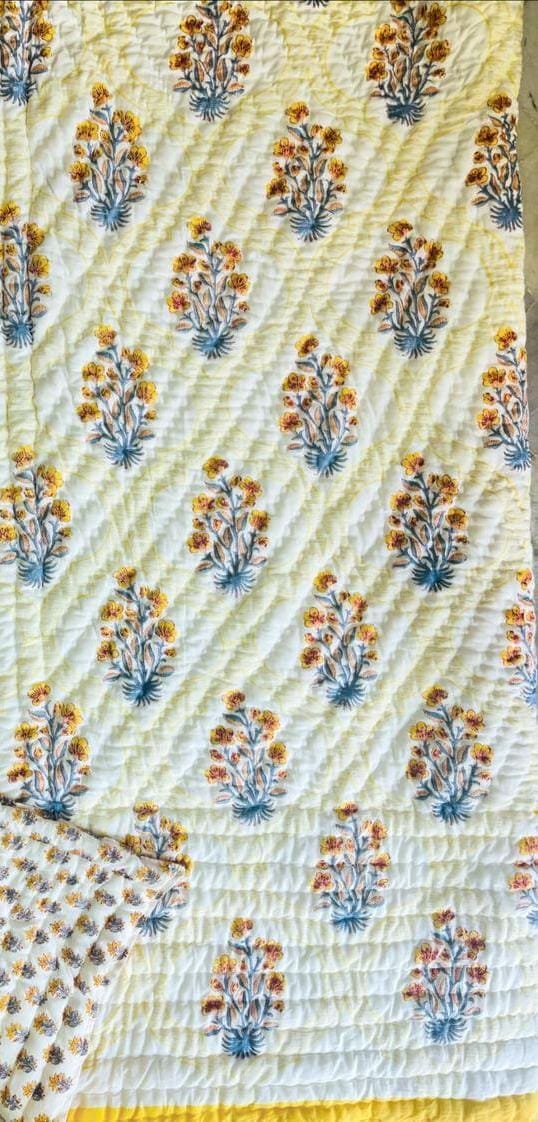Mild Bloom Light Cotton Muslin Block Printed Reversible Quilt - Double Size 90x108-The Label Home