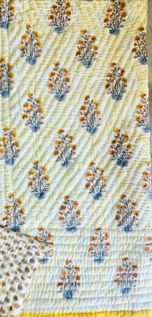 Mild Bloom Light Cotton Muslin Block Printed Reversible Quilt - Double Size 90x108-The Label Home