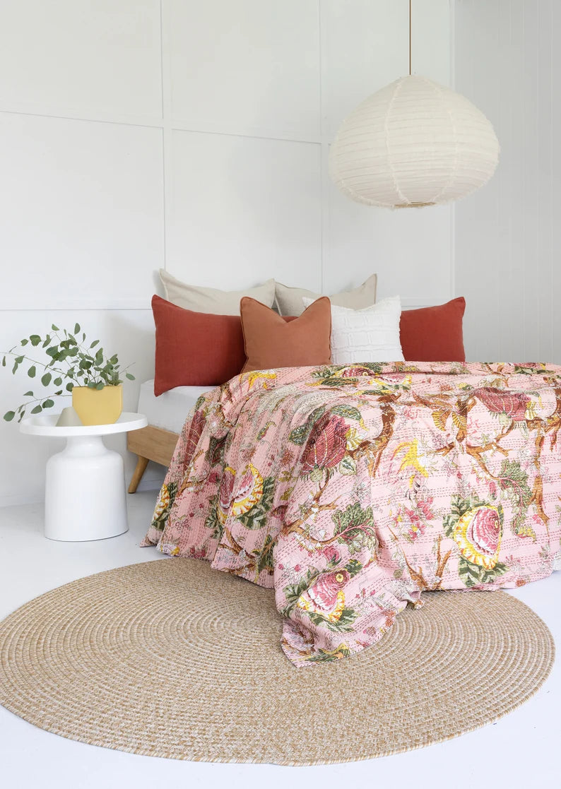 Handmade Cotton Kantha Bedcover | Soft Peach Cotton Bedcover