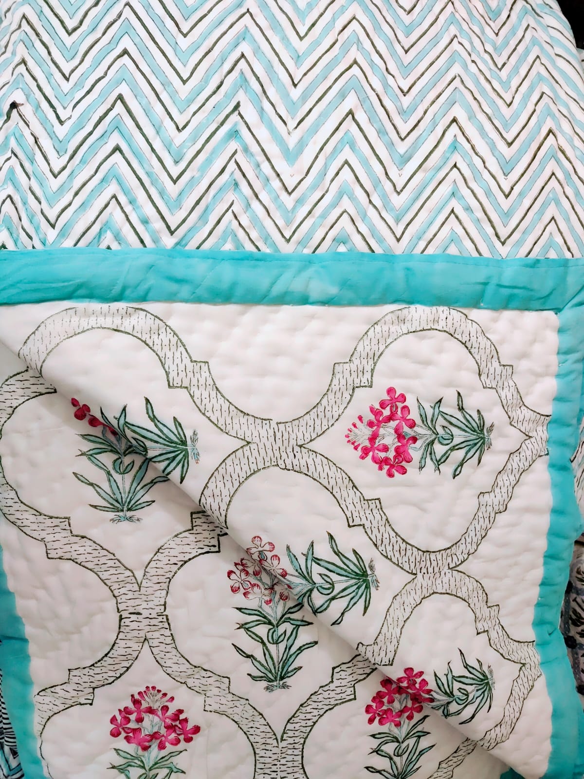 Happiness Light Cotton Muslin Block Printed Reversible Quilt - Single & Double Size