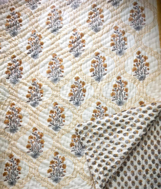 Mild Bloom Light Cotton Muslin Block Printed Reversible Quilt - Double Size 90x108-The Label Home