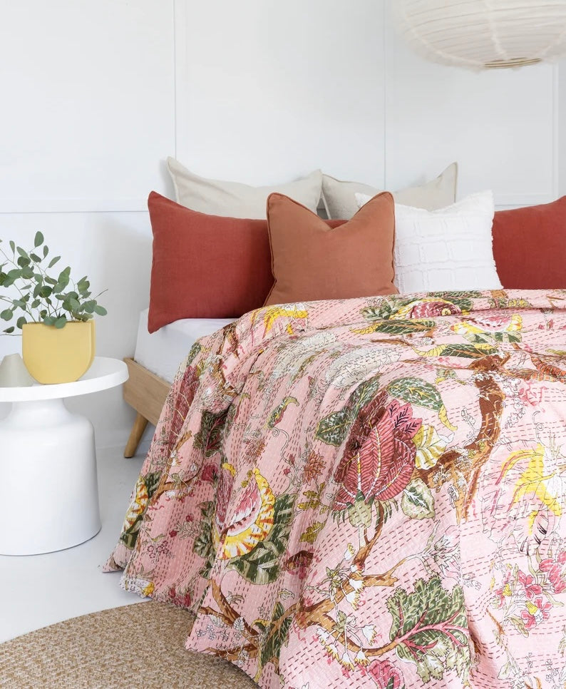 Handmade Cotton Kantha Bedcover | Soft Peach Cotton Bedcover