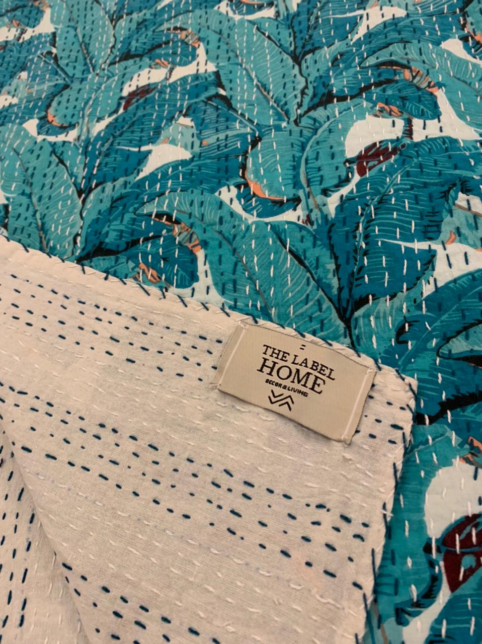 Soft Handmade Cotton Kantha Bedcover - Blue Sea Leaf Design