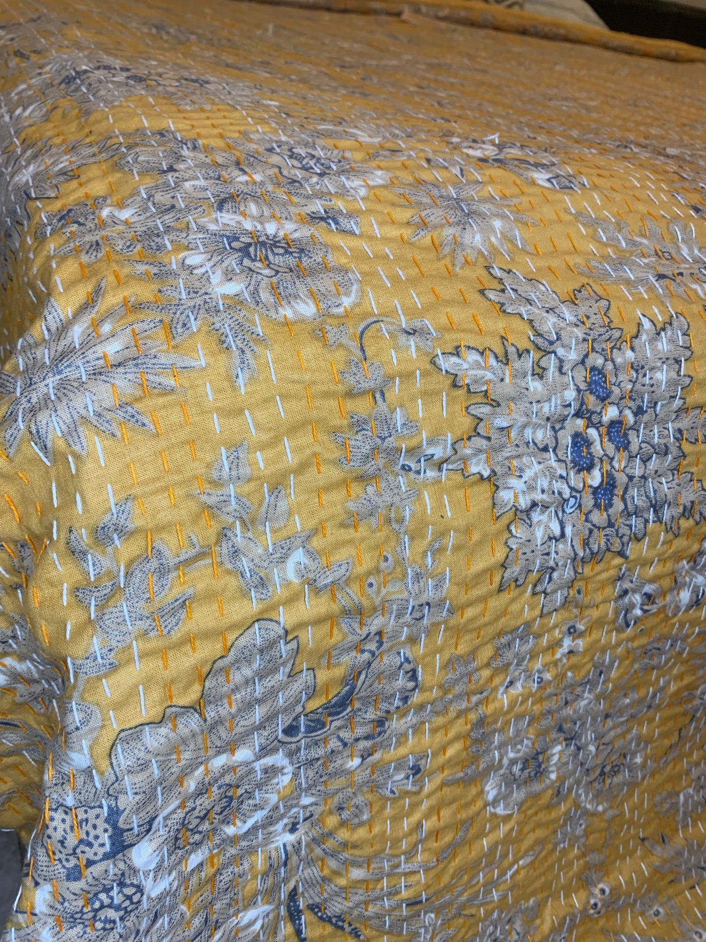 Mustard Red Grey Blue Kantha Bedcover-The Label Home