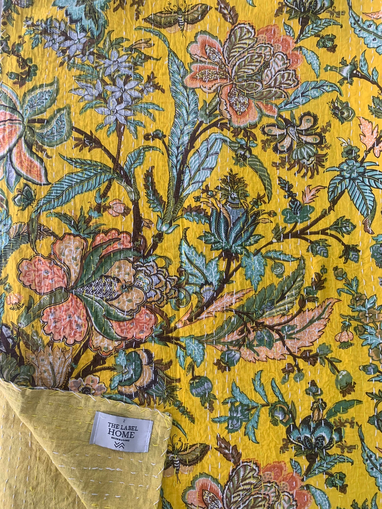 Yellow Gold Bloom Home Kantha Stitch Cotton Bedcover