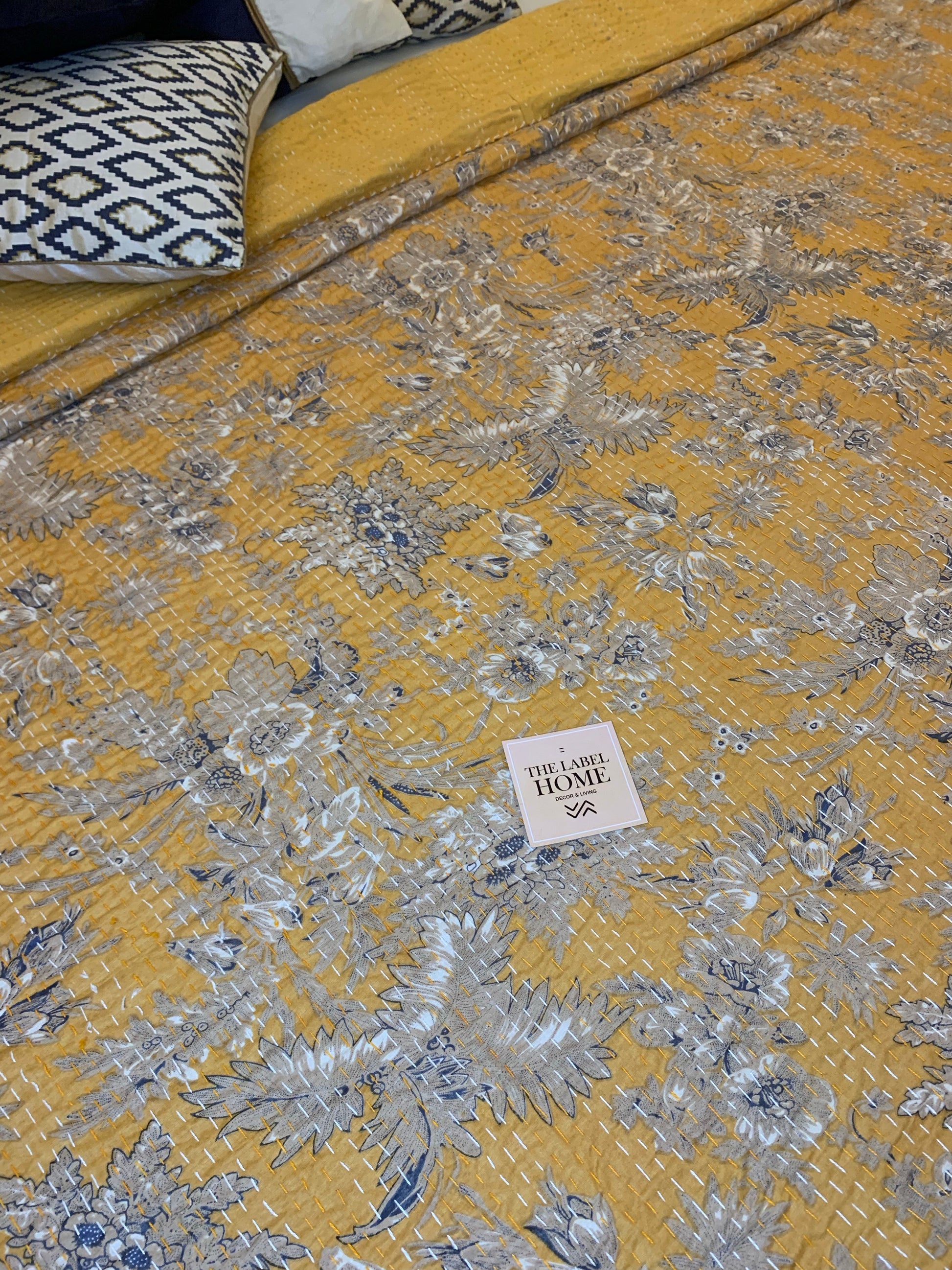Mustard Red Grey Blue Kantha Bedcover-The Label Home