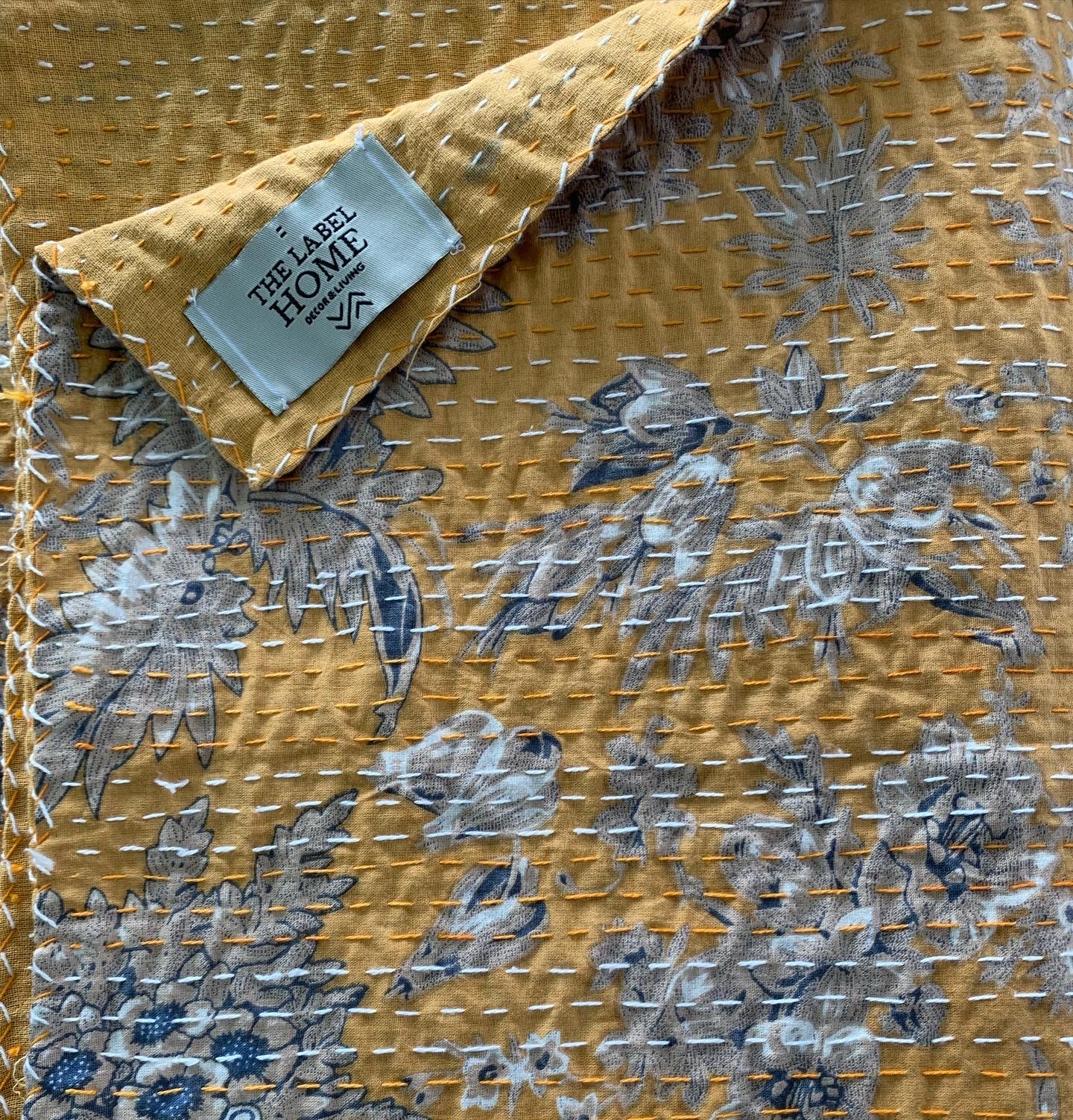 Mustard Red Grey Blue Kantha Bedcover-The Label Home