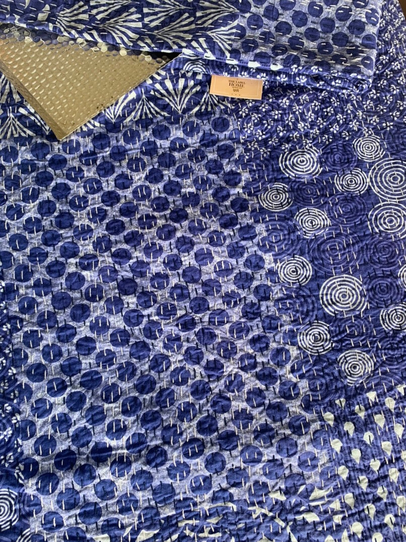 Handmade Cotton Kantha Bedcover - Indigo Patch Field Quilt