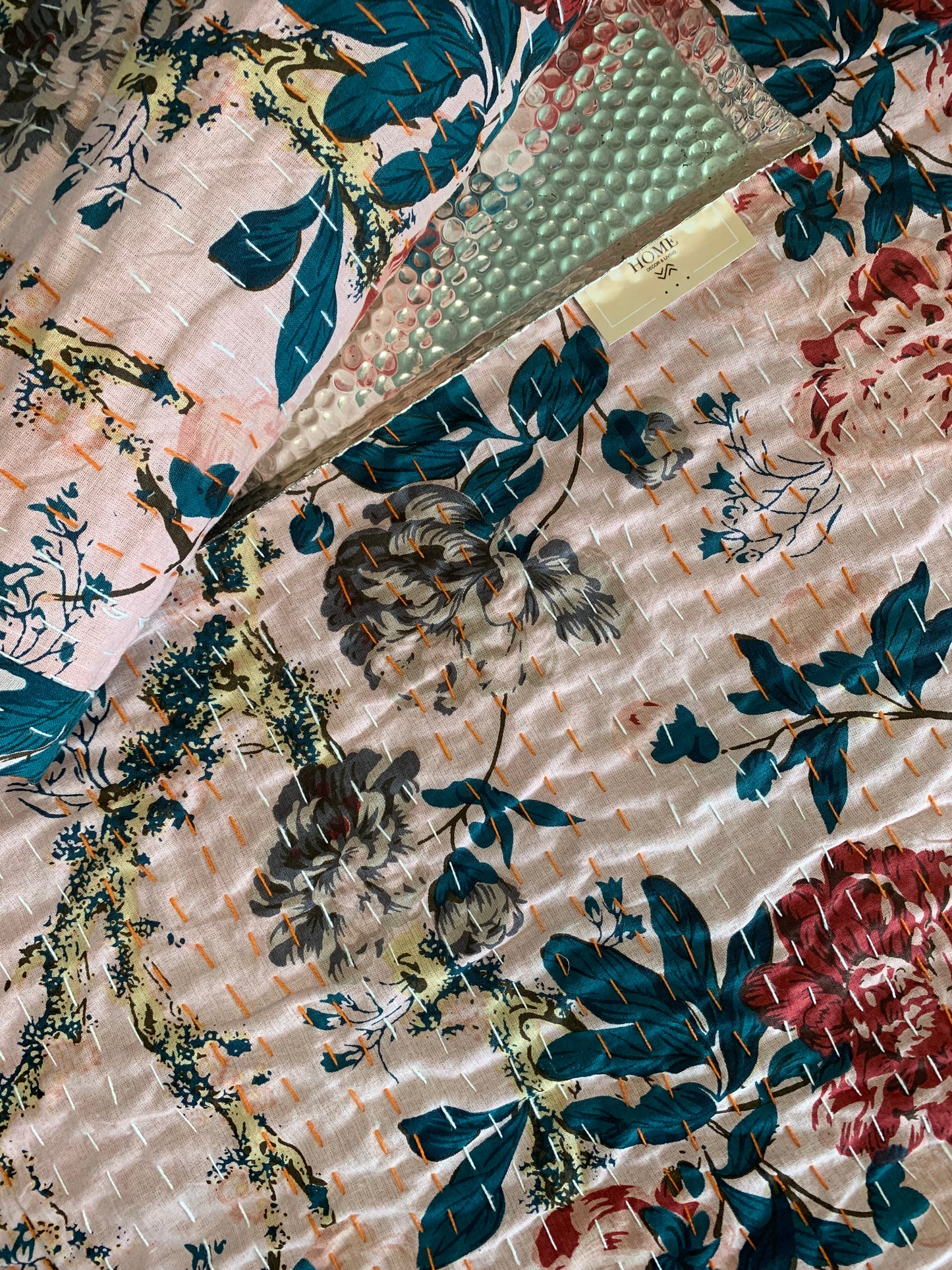 Pink floral Kantha cotton bedcover – Handmade, artisanal