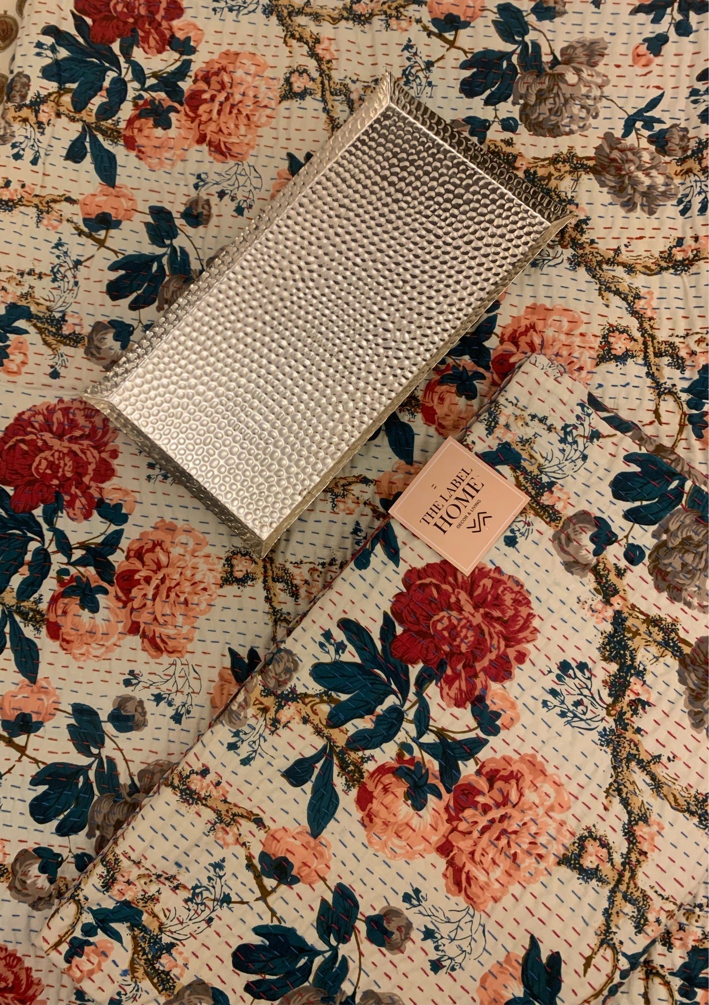 White floral Kantha cotton bedcover – Handmade, artisanal