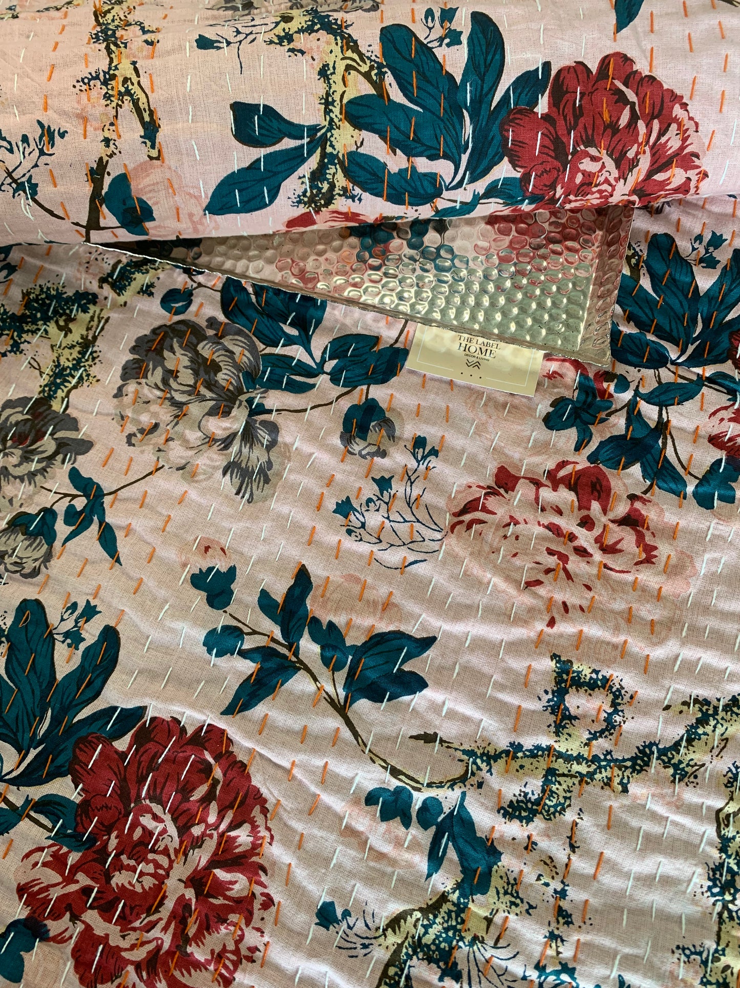 Pink floral Kantha cotton bedcover – Handmade, artisanal
