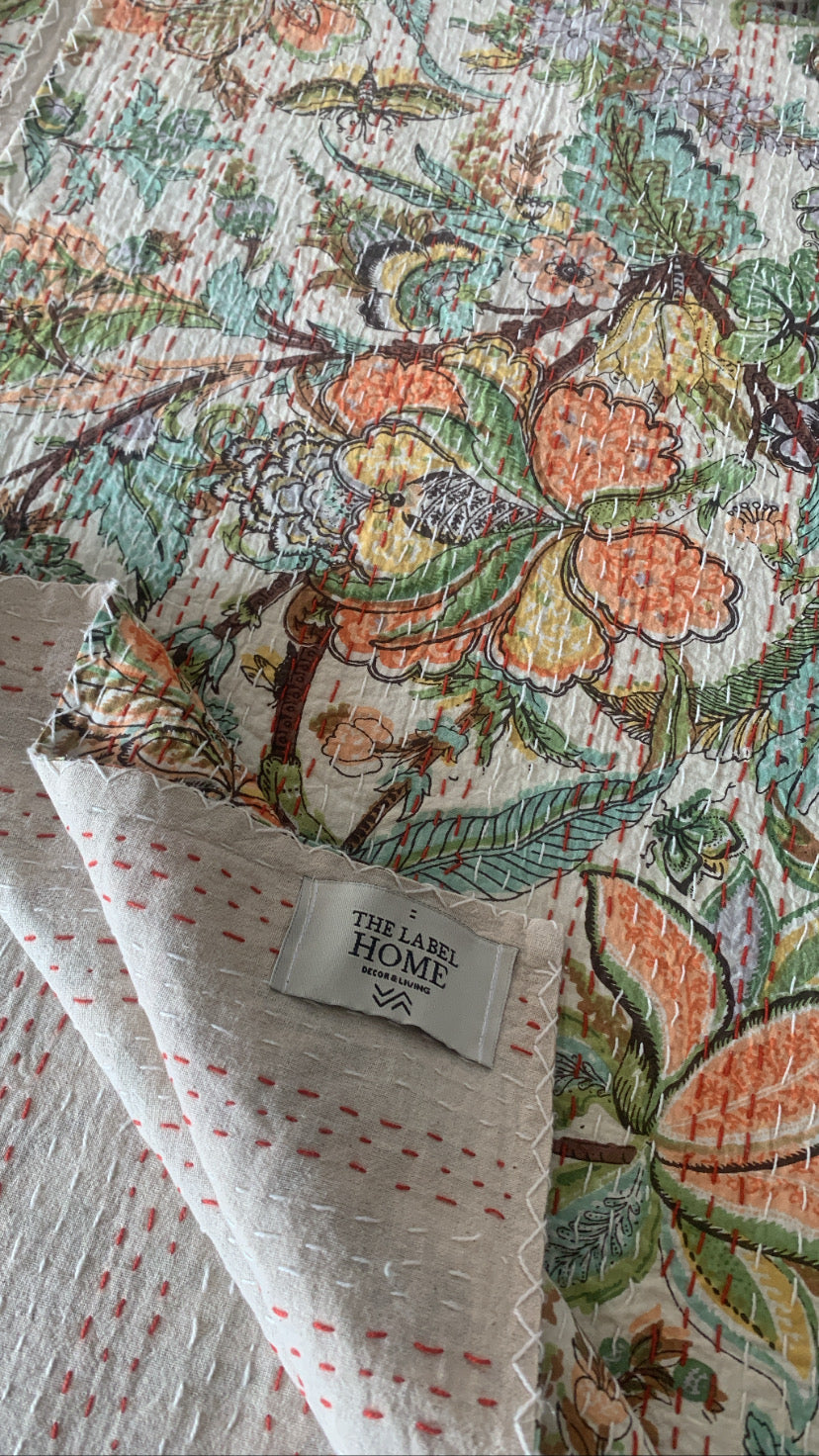 Crystal Bloom Kantha Bedcover-The Label Home