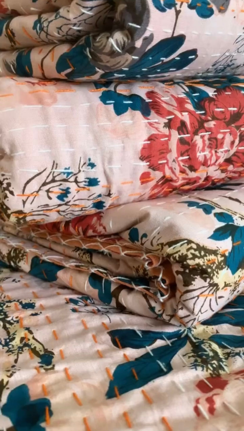 Pink floral Kantha cotton bedcover – Handmade, artisanal