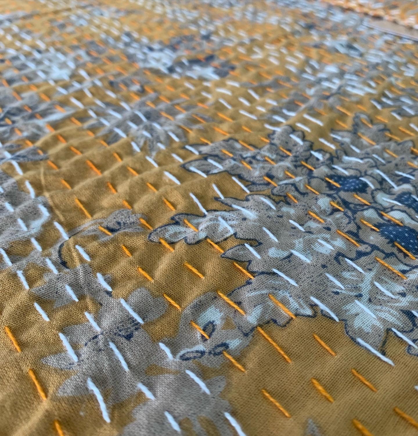 Mustard Red Grey Blue Kantha Bedcover-The Label Home