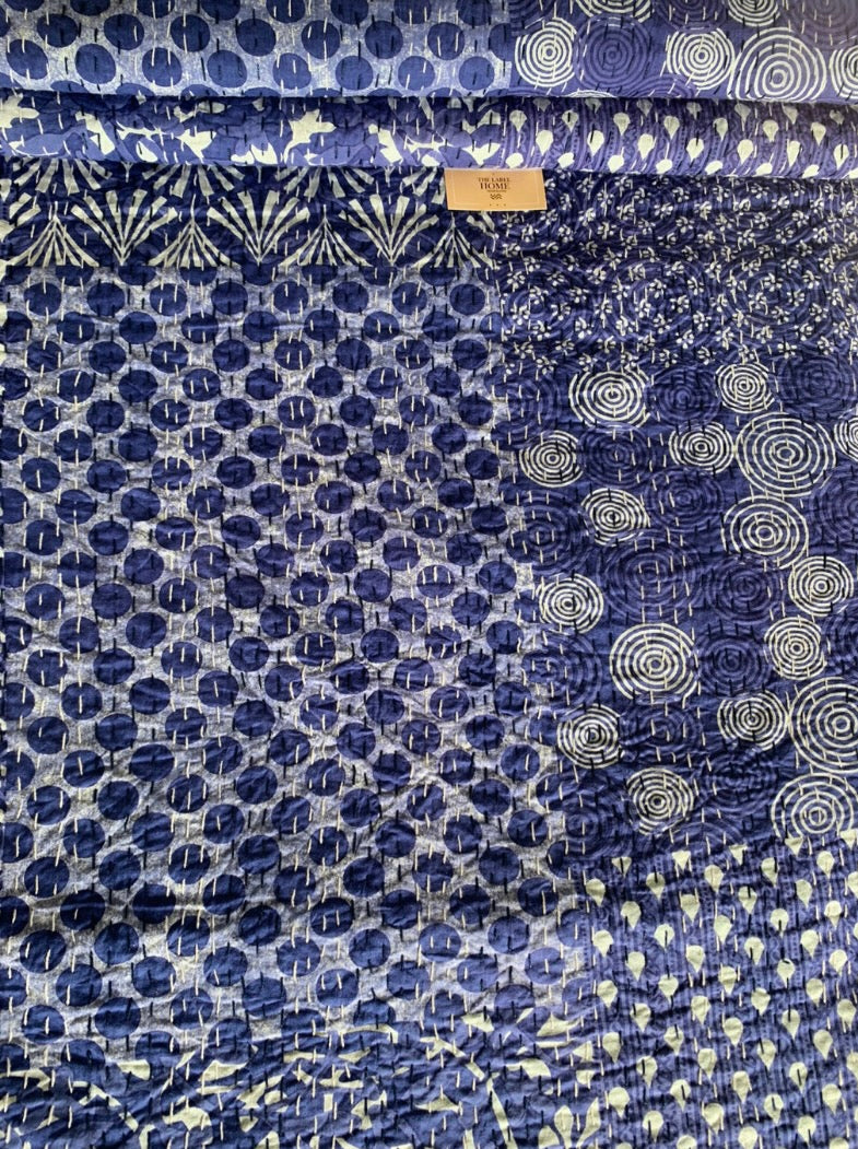 Handmade Cotton Kantha Bedcover - Indigo Patch Field Quilt
