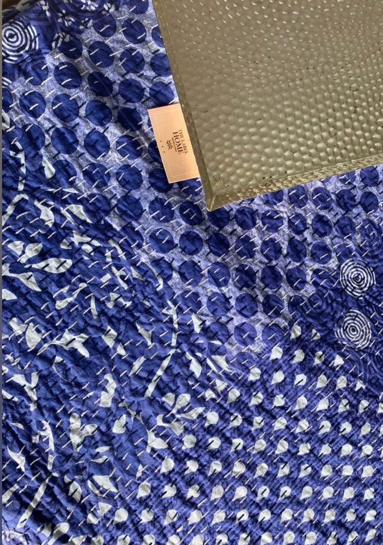 Handmade Cotton Kantha Bedcover - Indigo Patch Field Quilt
