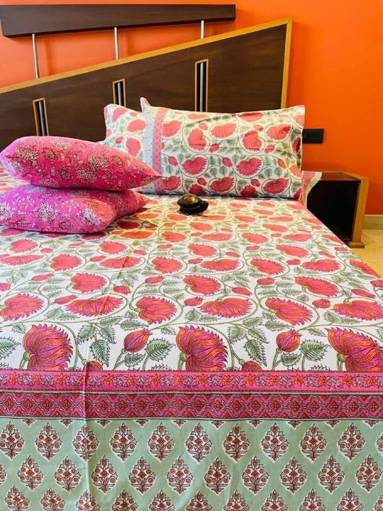 Pink Blooming Spring Thin Cotton Printed Bedspread Bedcover (Jumbo King Size)-The Label Home
