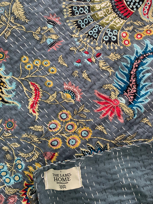 Luxury Grey Floral Kantha Bedcover-The Label Home
