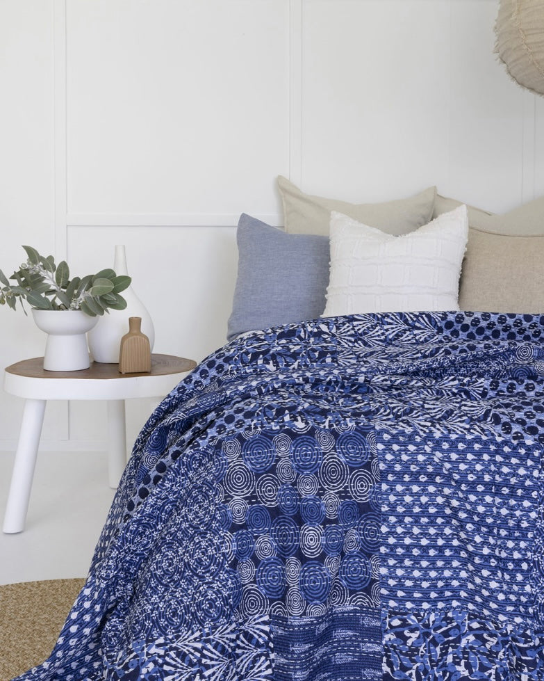 Handmade Cotton Kantha Bedcover - Indigo Patch Field Quilt