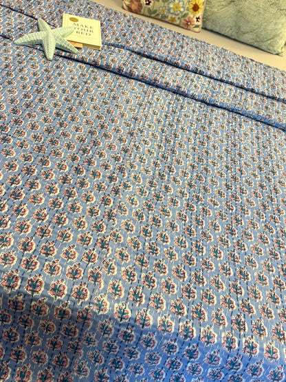Dusky Blue Motif Kantha Bedcover