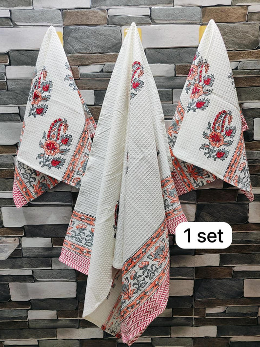 Waffle Blockprint Bath & Hand Towel Set