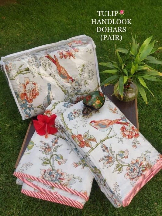 Birds Chirpy Spring Bloom - MulMul Summer Dohar (Set of 2 Single Cotton Muslin Dohar)