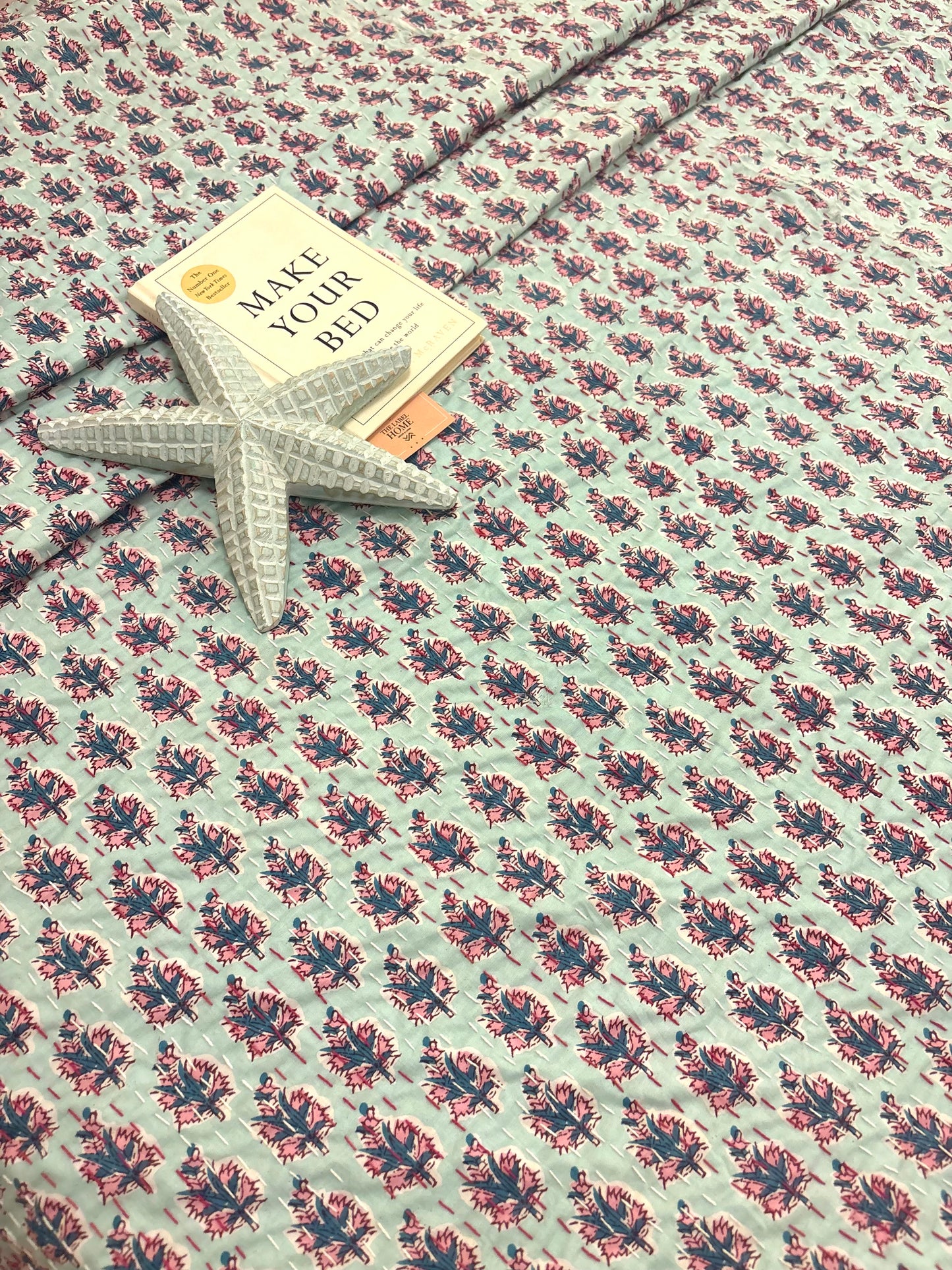 Mint Aqua Motif Kantha Bedcover