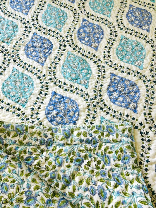 Turkish Light Cotton Muslin Block Printed Quilt - Double Size 90x108 inches